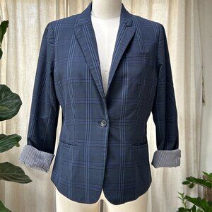 Banana Republic Navy Plaid Wool Blend Blazer Preppy Academia Old Money, Women’s